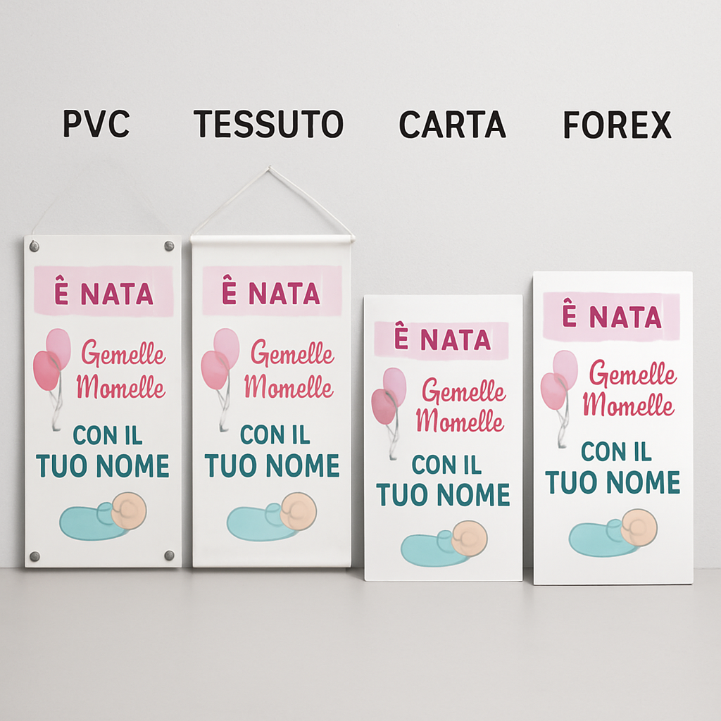 BANNER STRISCIONE NASCITA - Gemelle Monelle - CON IL TUO NOME bimbo neonato - 03 materiali