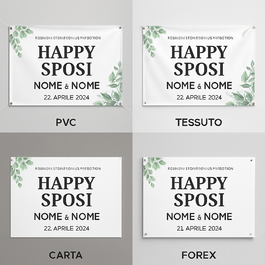 BANNER STRISCIONE MATRIMONIO - HAPPY SPOSI - CON NOME E DATA PERSONALIZZABILE - 03 materiali