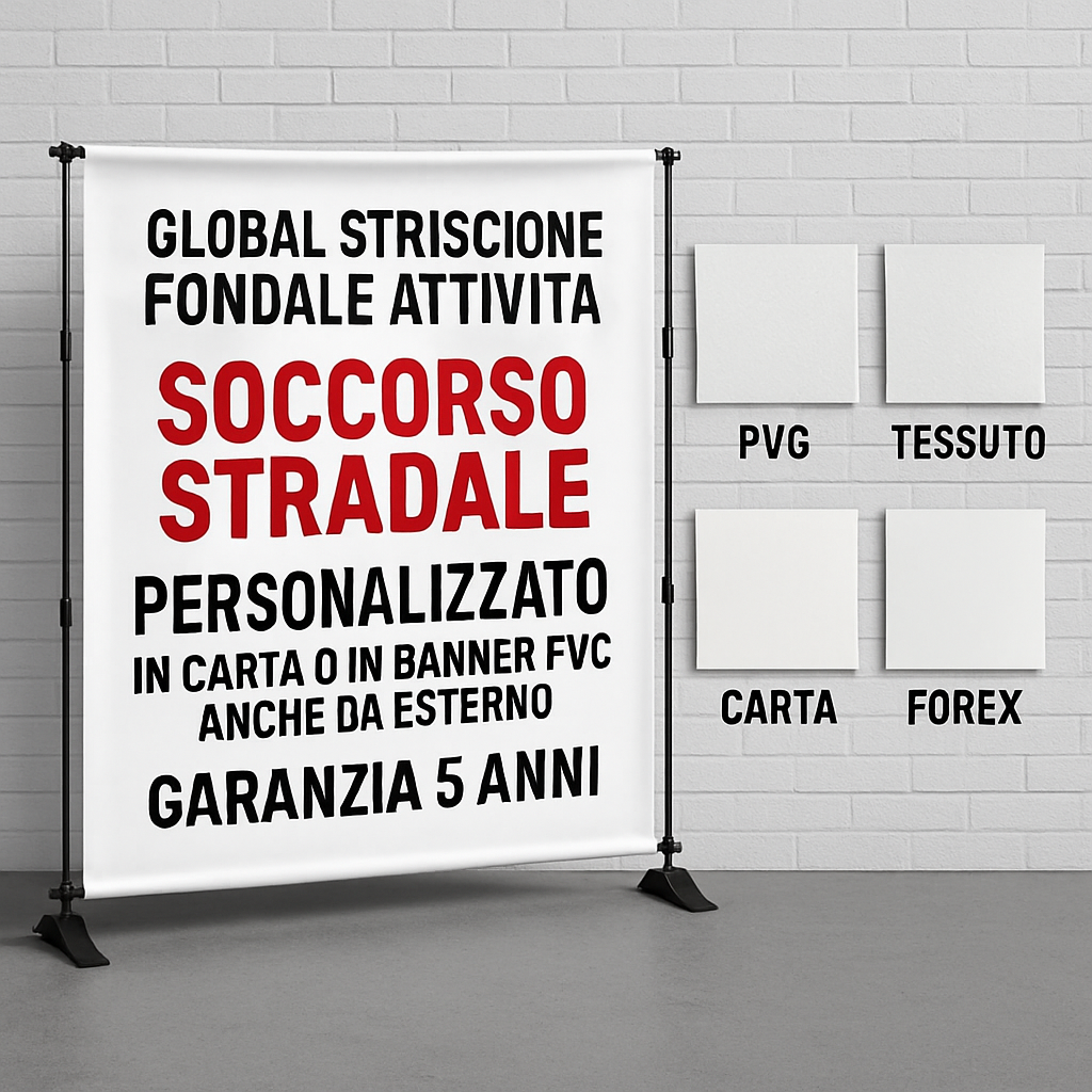 GLOBAL STRISCIONE FONDALE ATTIVITÀ - SOCCORSO STRADALE - PERSONALIZZATO IN CARTA O IN BANNER PVC ANCHE DA ESTERNO GARANZIA 5 ANNI - 03 materiali