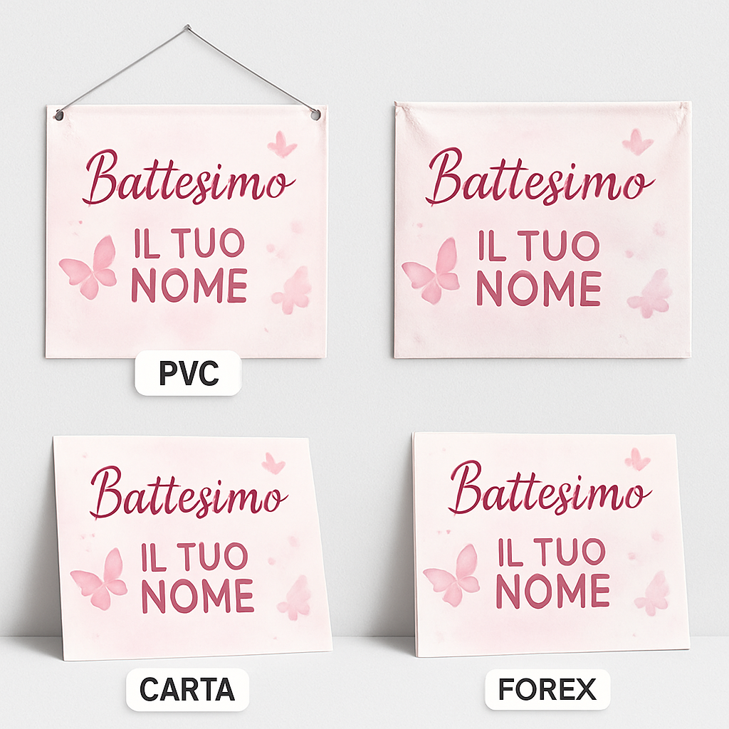 BANNER STRISCIONE BATTESIMO - Farfalle rosa - CON IL TUO NOME bimbo - 03 materiali