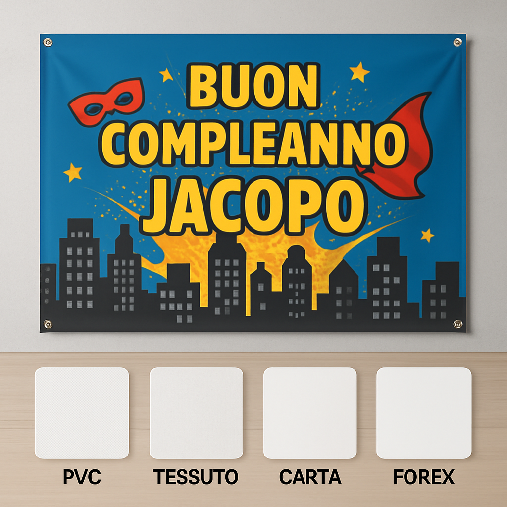 GLOBAL STRISCIONE FONDALE COMPLEANNO - Avengers Supereroi - STRISCIONE PERSONALIZZATO IN CARTA O IN BANNER PVC ANCHE DA ESTERNO GARANZIA 5 ANNI - 03 materiali