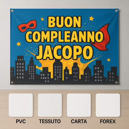 GLOBAL STRISCIONE FONDALE COMPLEANNO - Avengers Supereroi - STRISCIONE PERSONALIZZATO IN CARTA O IN BANNER PVC ANCHE DA ESTERNO GARANZIA 5 ANNI - 03 materiali