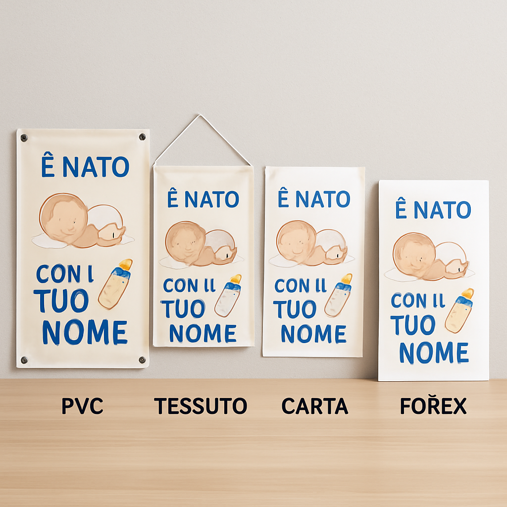 BANNER STRISCIONE NASCITA - Neonato Biberon - CON IL TUO NOME bimbo neonato - 03 materiali