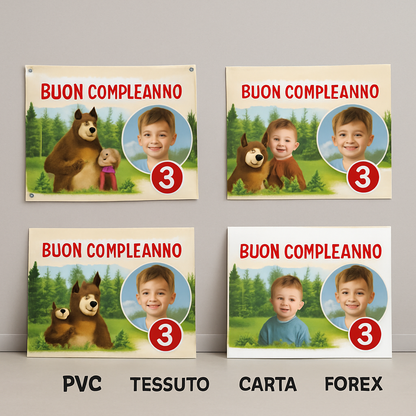 BANNER STRISCIONE compleanno - Masha e Orso - CON NOME foto ed età bimbo/a - 03 materiali