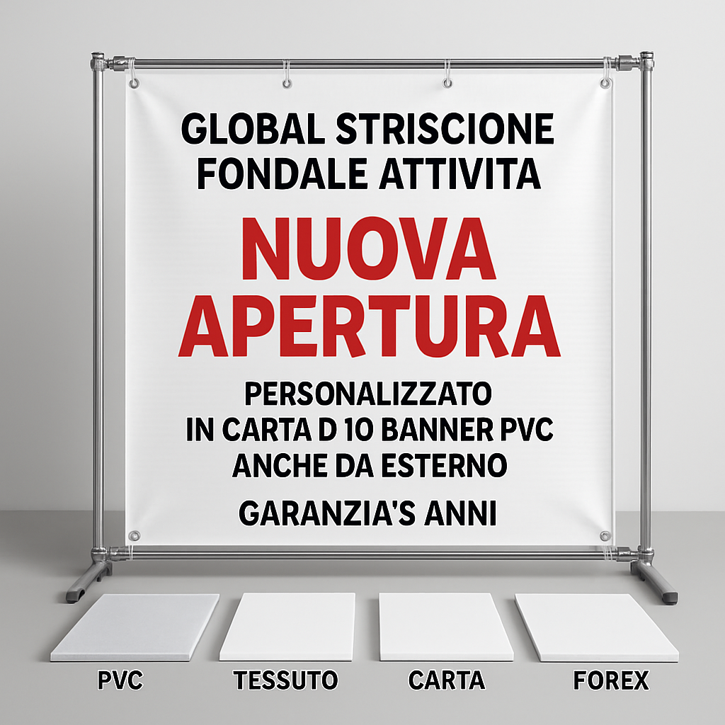 GLOBAL STRISCIONE FONDALE ATTIVITÀ - NUOVA APERTURA - PERSONALIZZATO IN CARTA O IN BANNER PVC ANCHE DA ESTERNO GARANZIA 5 ANNI - 03 materiali