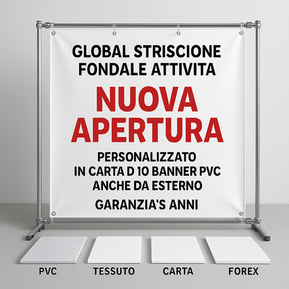 GLOBAL STRISCIONE FONDALE ATTIVITÀ - NUOVA APERTURA - PERSONALIZZATO IN CARTA O IN BANNER PVC ANCHE DA ESTERNO GARANZIA 5 ANNI - 03 materiali