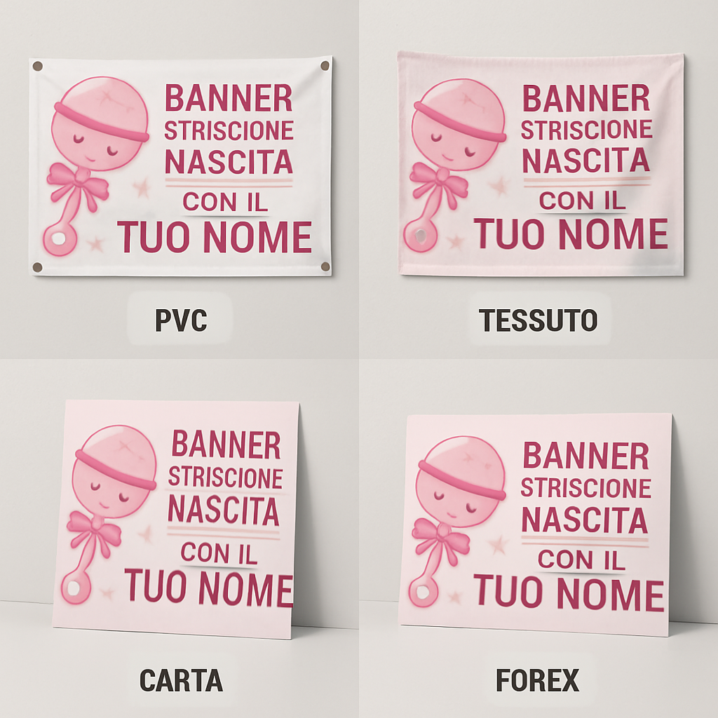BANNER STRISCIONE NASCITA - Bambina sonaglio - CON IL TUO NOME bimbo neonato - 03 materiali