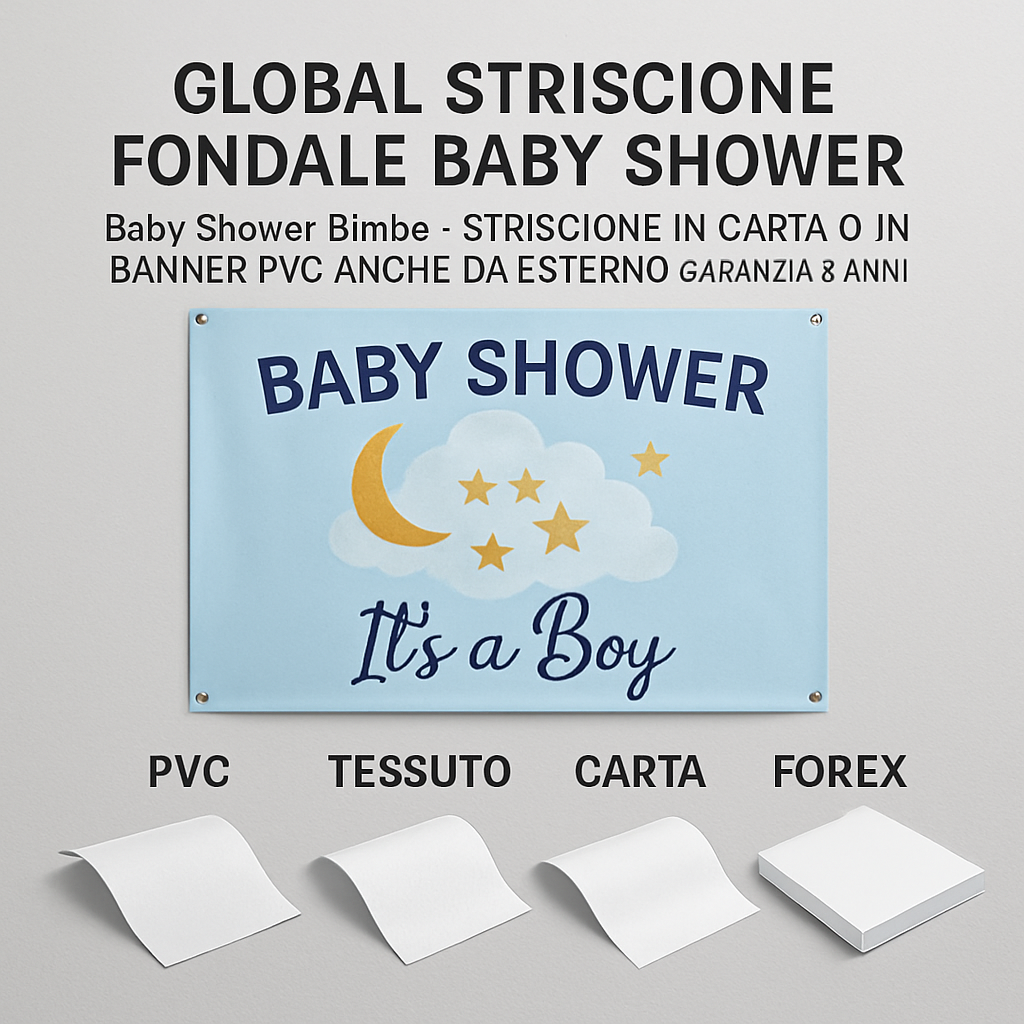 GLOBAL STRISCIONE FONDALE BABY SHOWER - Baby Shower Bimbo - STRISCIONE IN CARTA O IN BANNER PVC ANCHE DA ESTERNO GARANZIA 5 ANNI - 03 materiali