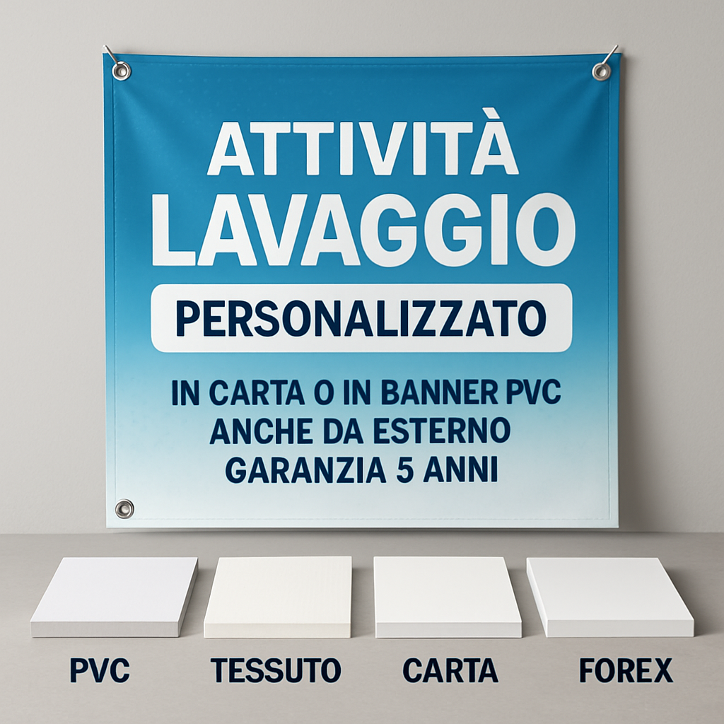 GLOBAL STRISCIONE FONDALE ATTIVITÀ - LAVAGGIO - PERSONALIZZATO IN CARTA O IN BANNER PVC ANCHE DA ESTERNO GARANZIA 5 ANNI - 03 materiali
