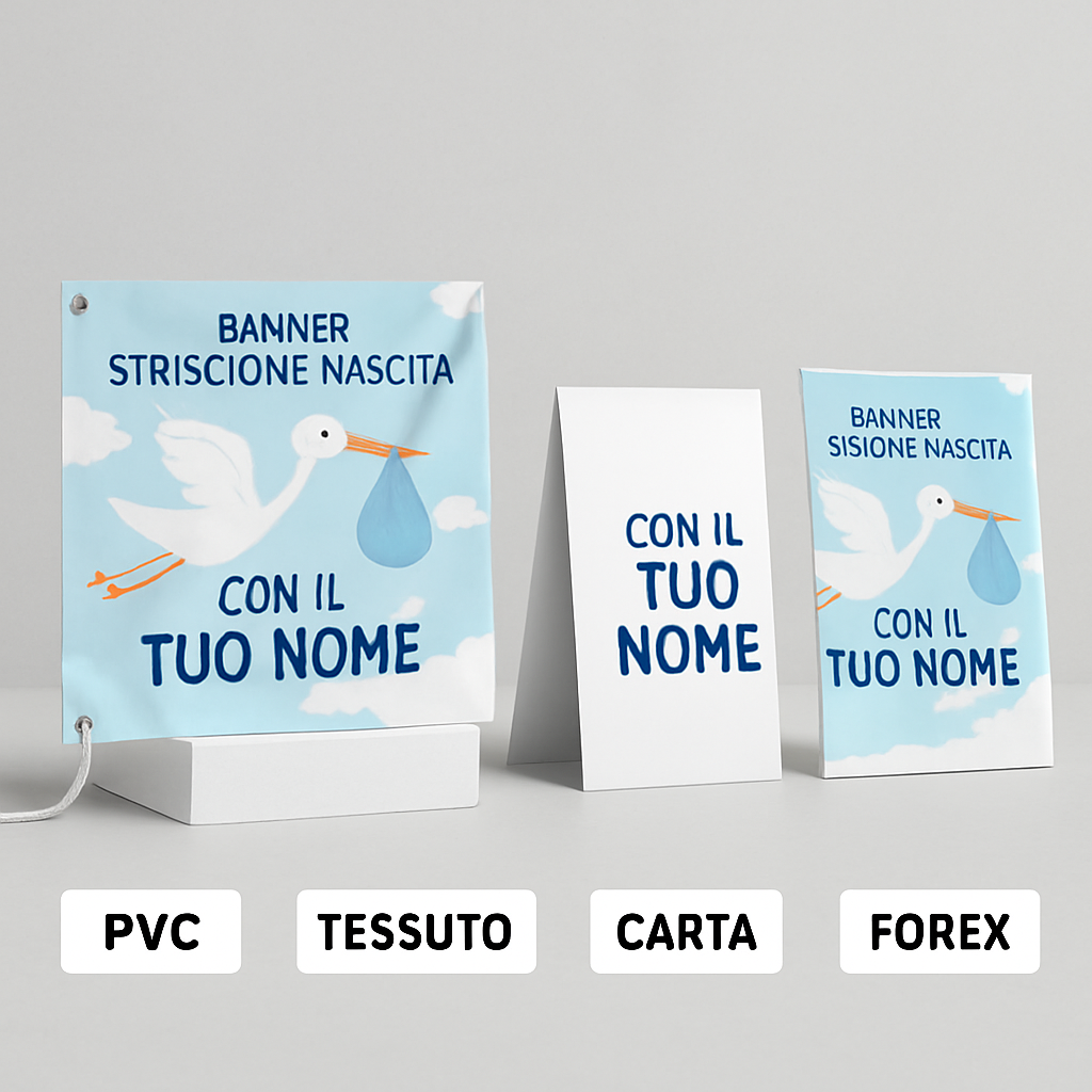BANNER STRISCIONE NASCITA - Cicogna - CON IL TUO NOME bimbo neonato - 03 materiali
