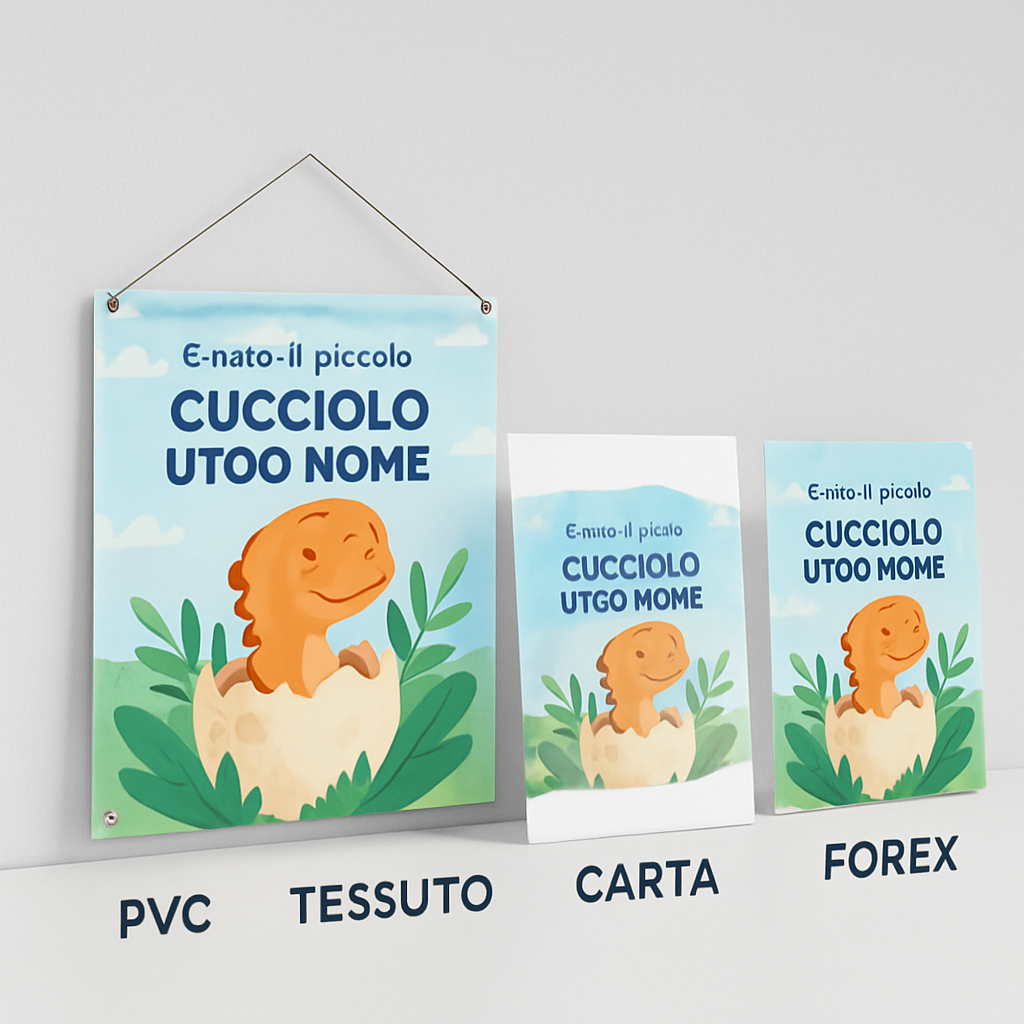 BANNER STRISCIONE NASCITA - Cucciolo di dinosauro - CON IL TUO NOME bimbo neonato - 03 materiali