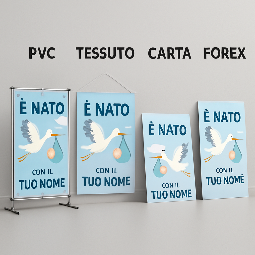 BANNER STRISCIONE NASCITA - Cicogna è nato - CON IL TUO NOME bimbo neonato - 03 materiali
