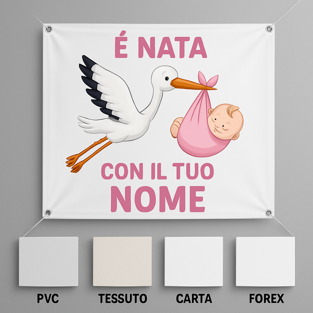 BANNER STRISCIONE NASCITA - Cicogna con neonata rosa mod. 2 - CON IL TUO NOME bimbo neonato - 03 materiali