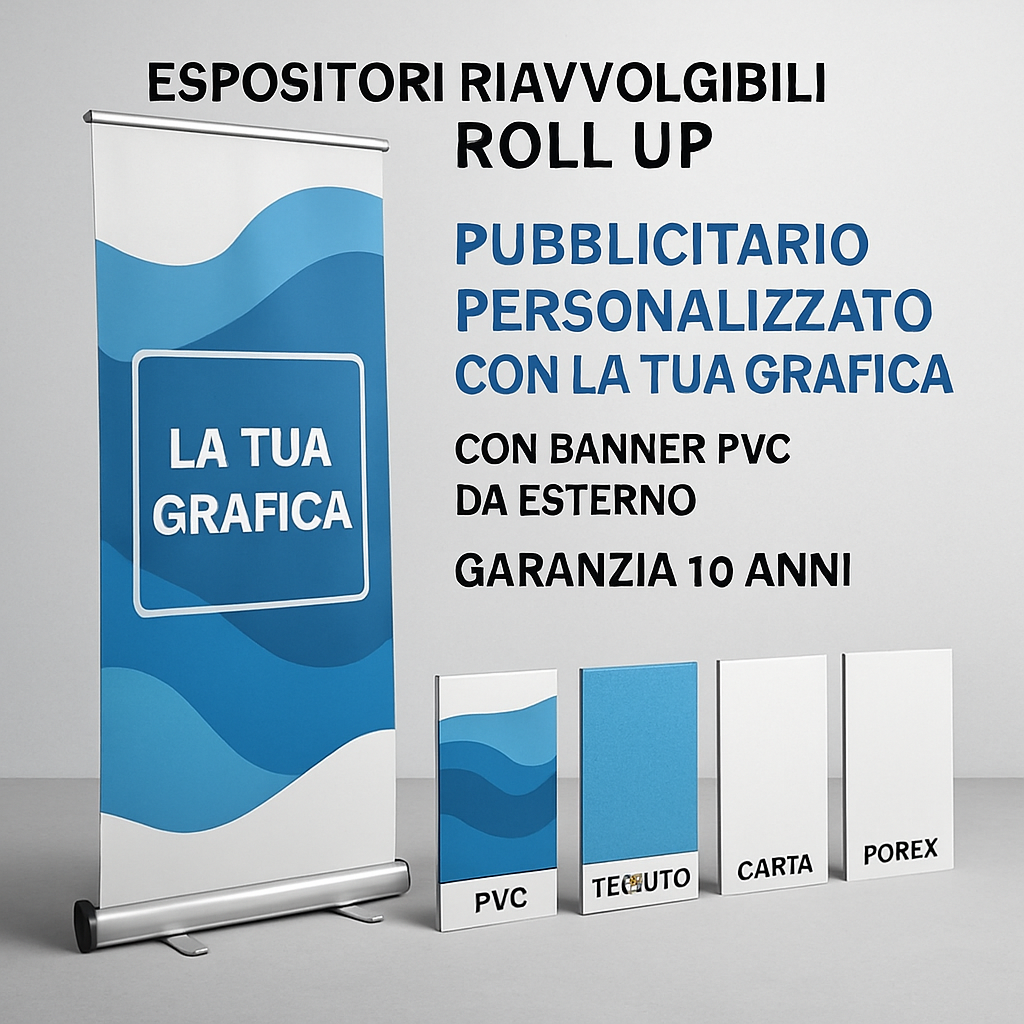 ESPOSITORI RIAVVOLGIBILI ROLL UP - PUBBLICITARIO PERSONALIZZATO CON LA TUA GRAFICA - CON BANNER PVC DA ESTERNO GARANZIA 10 ANNI - 03 materiali
