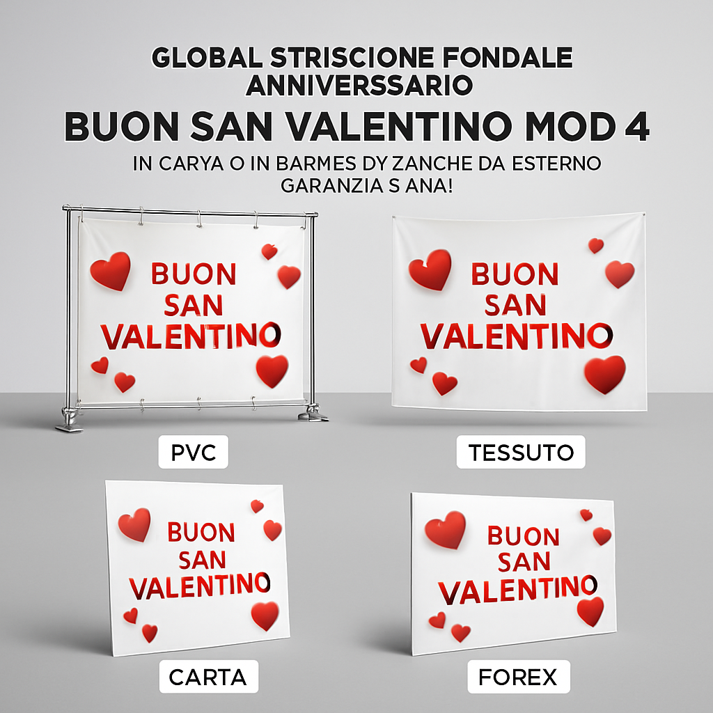 GLOBAL STRISCIONE FONDALE ANNIVERSARIO - BUON SAN VALENTINO MOD 4 - IN CARTA O IN BANNER PVC ANCHE DA ESTERNO GARANZIA 5 ANNI - 03 materiali