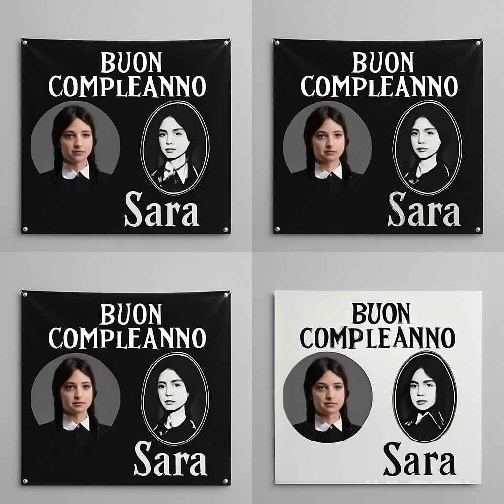 BANNER STRISCIONE compleanno - Mercoledì Addams - CON NOME foto ed età bimbo/a - 03 materiali