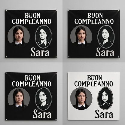 BANNER STRISCIONE compleanno - Mercoledì Addams - CON NOME foto ed età bimbo/a - 03 materiali