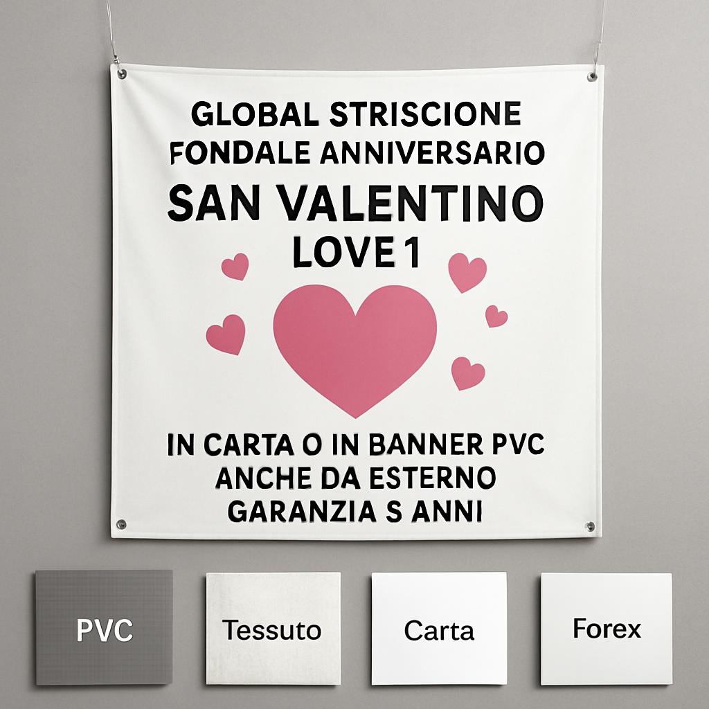 GLOBAL STRISCIONE FONDALE ANNIVERSARIO - SAN VALENTINO LOVE 1 - IN CARTA O IN BANNER PVC ANCHE DA ESTERNO GARANZIA 5 ANNI - 03 materiali