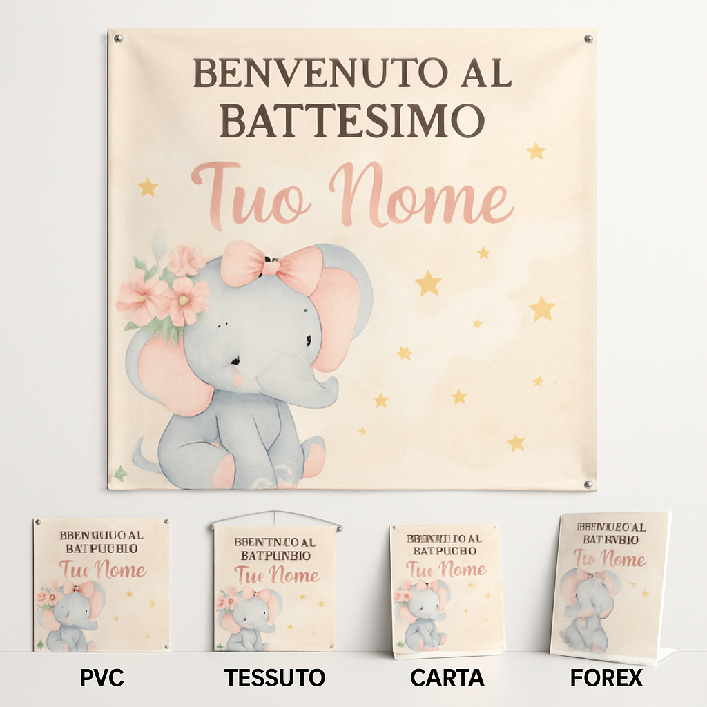 BANNER STRISCIONE BATTESIMO - Elefantina - CON IL TUO NOME bimbo - 03 materiali