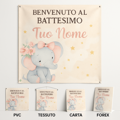 BANNER STRISCIONE BATTESIMO - Elefantina - CON IL TUO NOME bimbo - 03 materiali