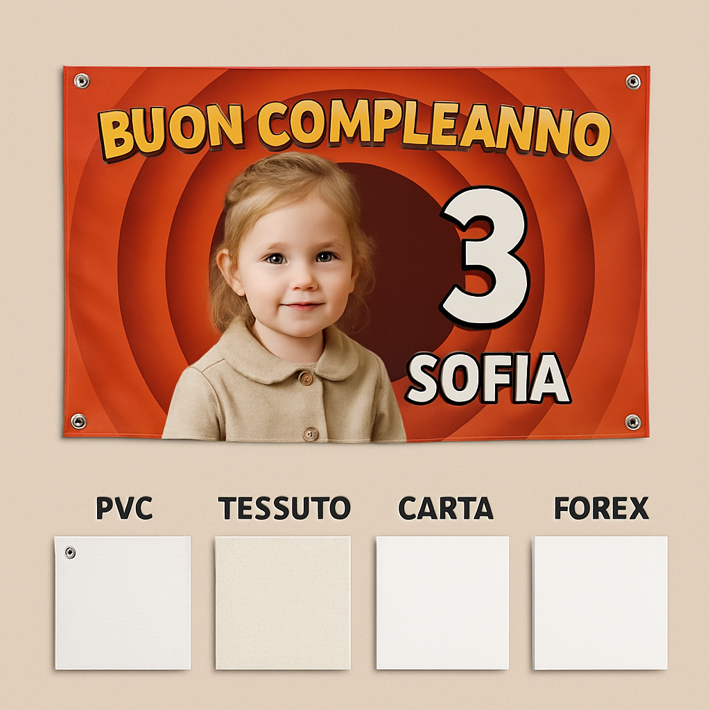 BANNER STRISCIONE compleanno - Looney Tones - CON NOME foto ed età bimbo/a - 03 materiali