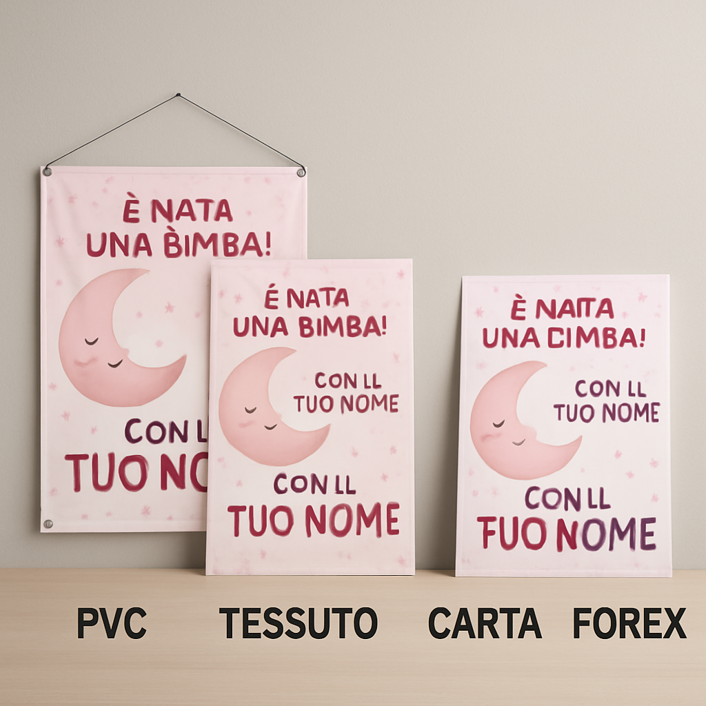 BANNER STRISCIONE NASCITA - Bambina Rosa - CON IL TUO NOME bimbo neonato - 03 materiali