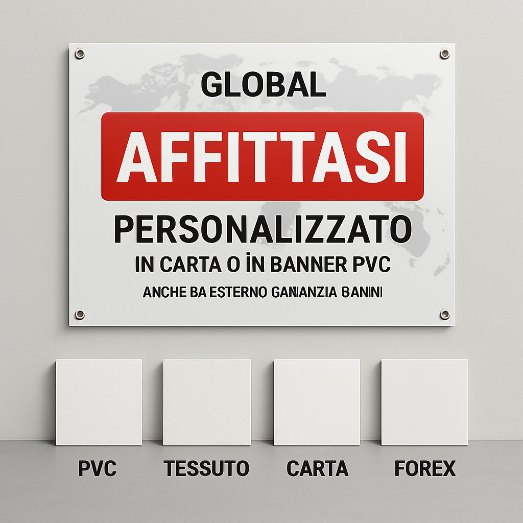 GLOBAL STRISCIONE FONDALE ATTIVITÀ - AFFITTASI - PERSONALIZZATO IN CARTA O IN BANNER PVC ANCHE DA ESTERNO GARANZIA 5 ANNI - 03 materiali