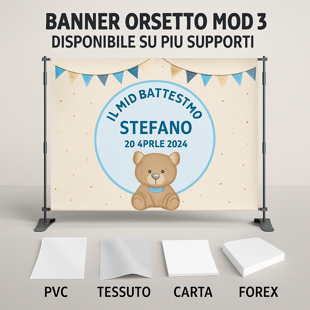 GLOBAL STRISCIONE FONDALE BATTESIMO - Battesimo Orsetto mod 3 - STRISCIONE PERSONALIZZATO IN CARTA O IN BANNER PVC ANCHE DA ESTERNO GARANZIA 5 ANNI - 03 materiali