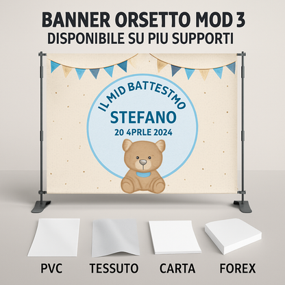 GLOBAL STRISCIONE FONDALE BATTESIMO - Battesimo Orsetto mod 3 - STRISCIONE PERSONALIZZATO IN CARTA O IN BANNER PVC ANCHE DA ESTERNO GARANZIA 5 ANNI - 03 materiali