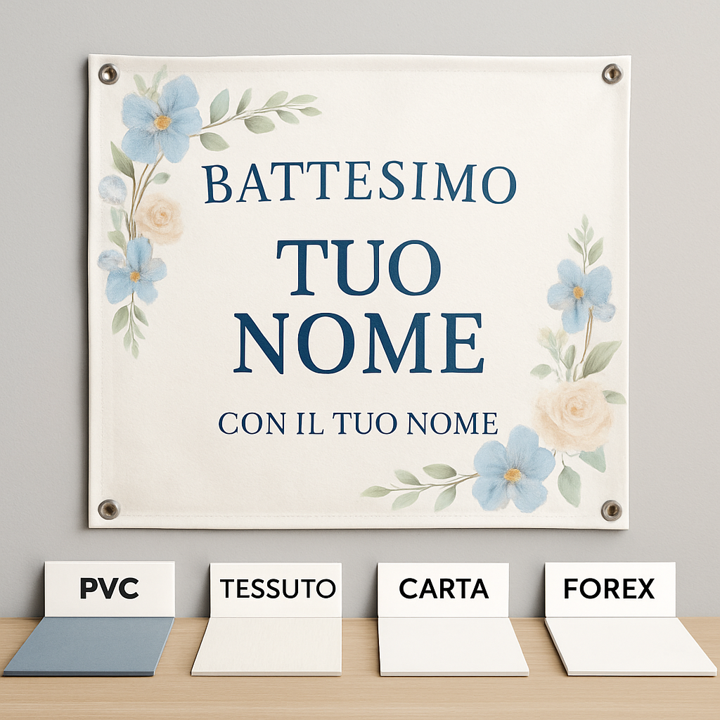 BANNER STRISCIONE BATTESIMO - Battesimo Flower - CON IL TUO NOME bimbo - 03 materiali