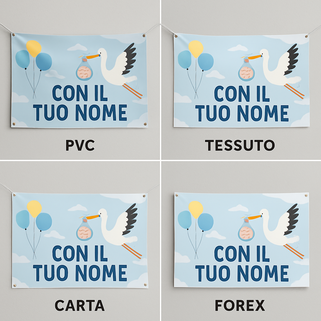 BANNER STRISCIONE NASCITA - Cicogna Palloncini - CON IL TUO NOME bimbo neonato - 03 materiali