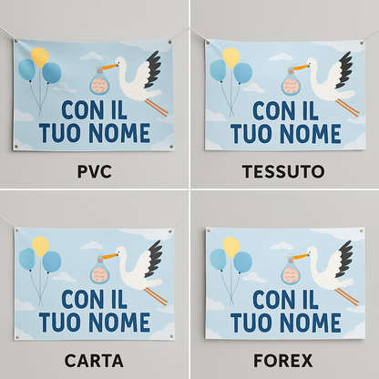 BANNER STRISCIONE NASCITA - Cicogna Palloncini - CON IL TUO NOME bimbo neonato - 03 materiali
