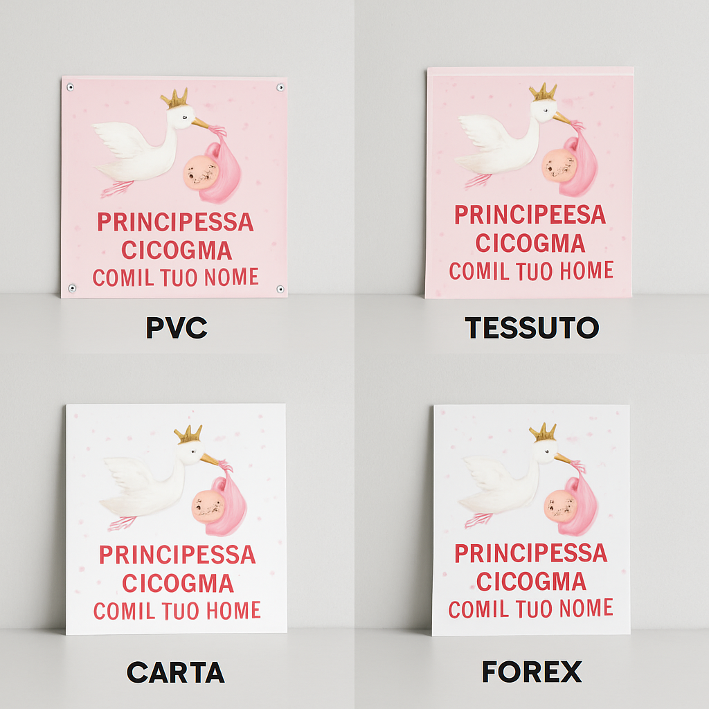 BANNER STRISCIONE NASCITA - Principessa Cicogna - CON IL TUO NOME bimbo neonato - 03 materiali