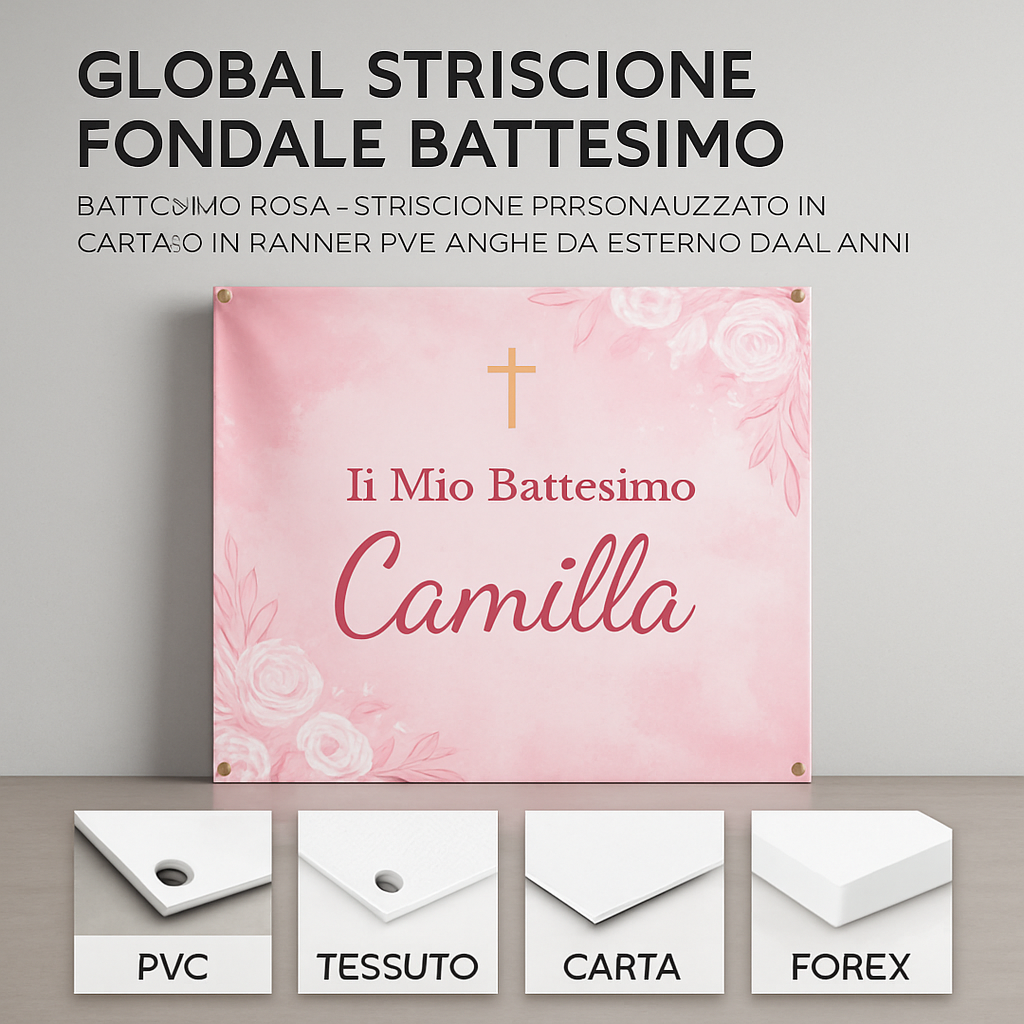 GLOBAL STRISCIONE FONDALE BATTESIMO - Battesimo Rosa - STRISCIONE PERSONALIZZATO IN CARTA O IN BANNER PVC ANCHE DA ESTERNO GARANZIA 5 ANNI - 03 materiali