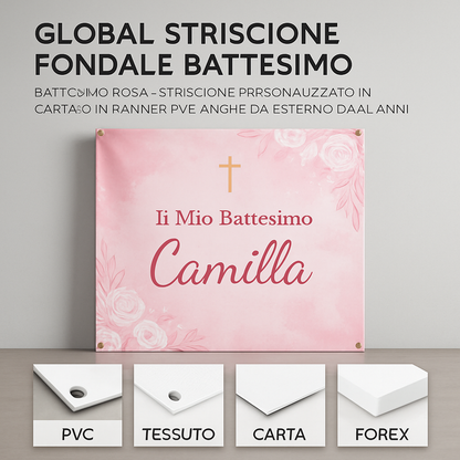 GLOBAL STRISCIONE FONDALE BATTESIMO - Battesimo Rosa - STRISCIONE PERSONALIZZATO IN CARTA O IN BANNER PVC ANCHE DA ESTERNO GARANZIA 5 ANNI - 03 materiali