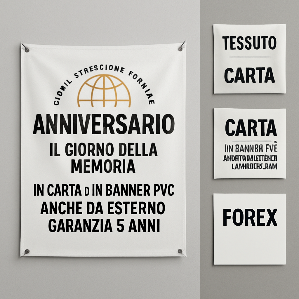 GLOBAL STRISCIONE FONDALE ANNIVERSARIO - IL GIORNO DELLA MEMORIA - IN CARTA O IN BANNER PVC ANCHE DA ESTERNO GARANZIA 5 ANNI - 03 materiali