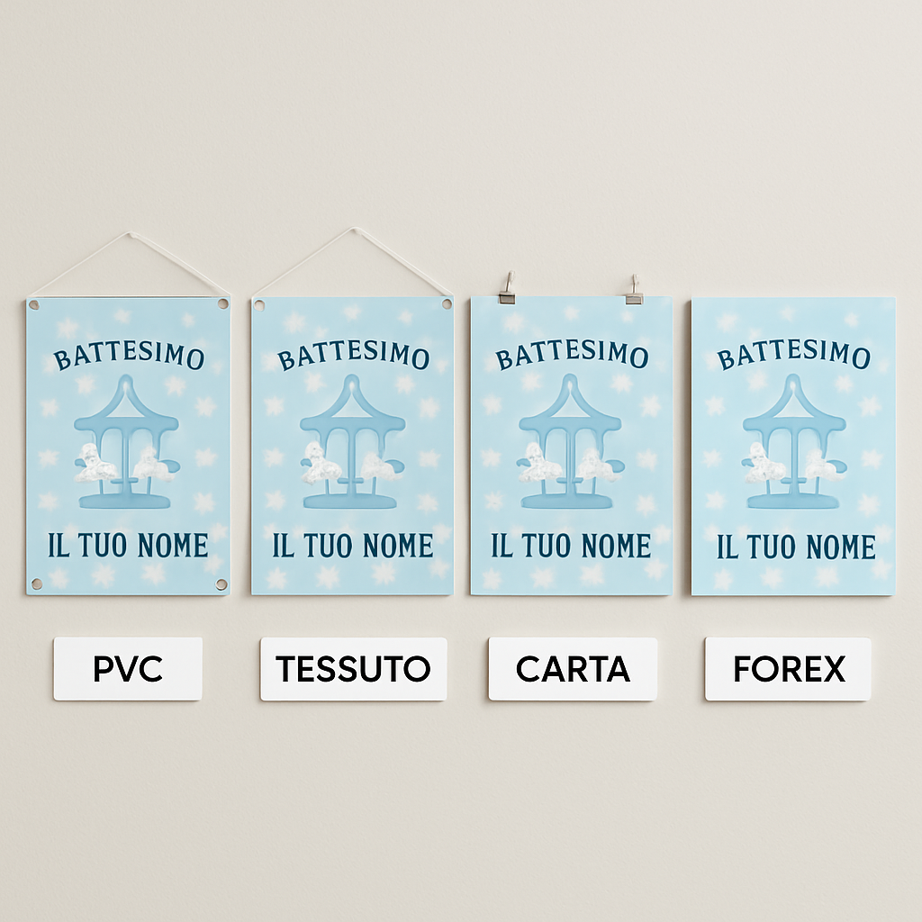 BANNER STRISCIONE BATTESIMO - Giostra Azzurro - CON IL TUO NOME bimbo - 03 materiali