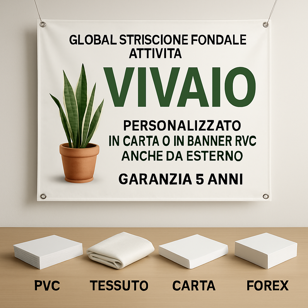 GLOBAL STRISCIONE FONDALE ATTIVITÀ - VIVAIO - PERSONALIZZATO IN CARTA O IN BANNER PVC ANCHE DA ESTERNO GARANZIA 5 ANNI - 03 materiali