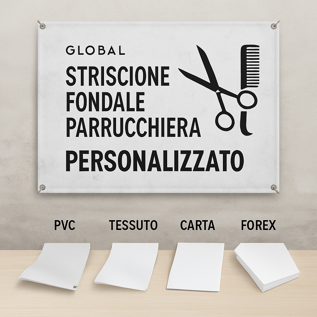 GLOBAL STRISCIONE FONDALE ATTIVITÀ - PARRUCCHIERA MOD 2 - PERSONALIZZATO IN CARTA O IN BANNER PVC ANCHE DA ESTERNO GARANZIA 5 ANNI - 03 materiali