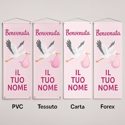 BANNER STRISCIONE NASCITA - Cicogna in volo Rosa - CON IL TUO NOME bimbo neonato - 03 materiali