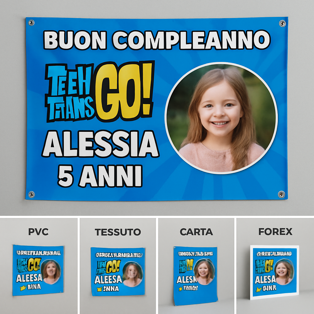 BANNER STRISCIONE compleanno - Teen Titans Go - CON NOME foto ed età bimbo/a - 03 materiali