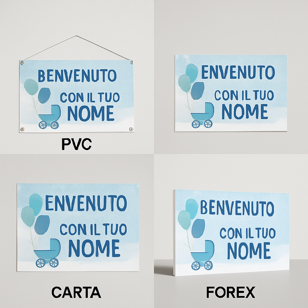 BANNER STRISCIONE NASCITA - Palloncini e carrozina - CON IL TUO NOME bimbo neonato - 03 materiali