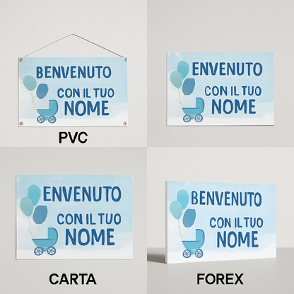 BANNER STRISCIONE NASCITA - Palloncini e carrozina - CON IL TUO NOME bimbo neonato - 03 materiali