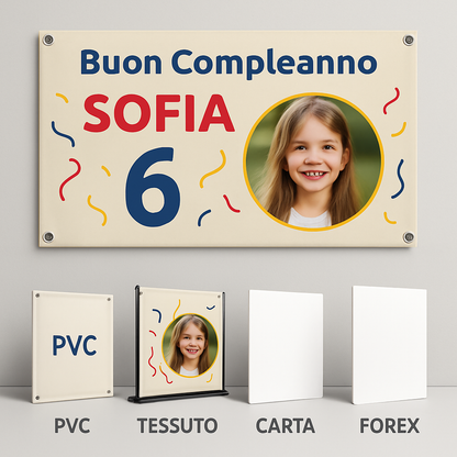 BANNER STRISCIONE compleanno - Lupin - CON NOME foto ed età bimbo/a - 03 materiali