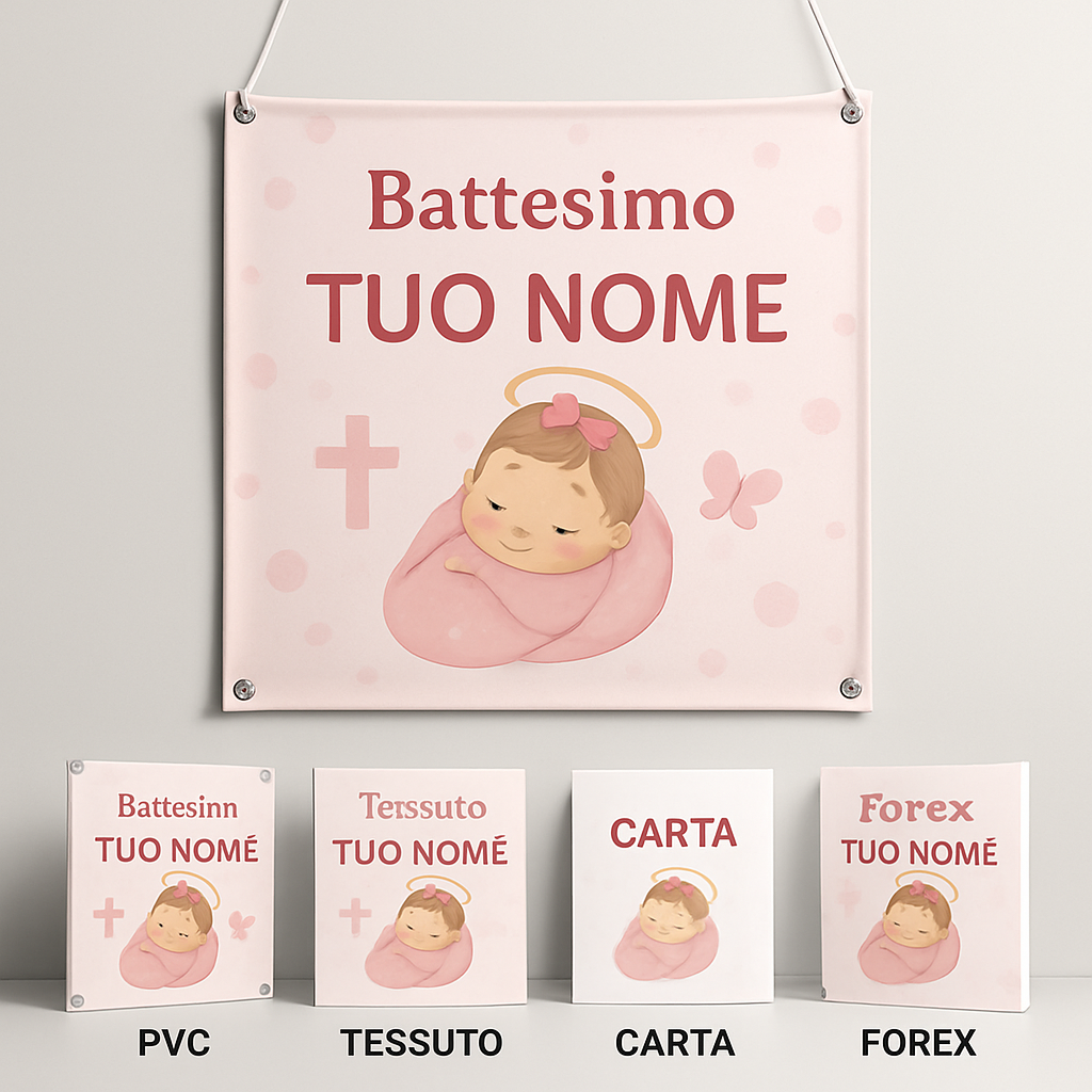 BANNER STRISCIONE BATTESIMO - Battesimo Rosa - CON IL TUO NOME bimbo - 03 materiali