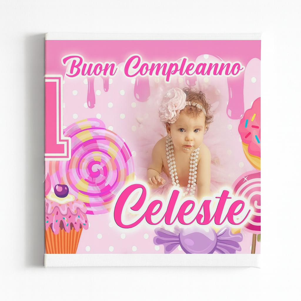 GLOBAL STRISCIONE FONDALE COMPLEANNO - Candy Caramelle - STRISCIONE PERSONALIZZATO IN CARTA O IN BANNER PVC ANCHE DA ESTERNO GARANZIA 5 ANNI - 03 materiali