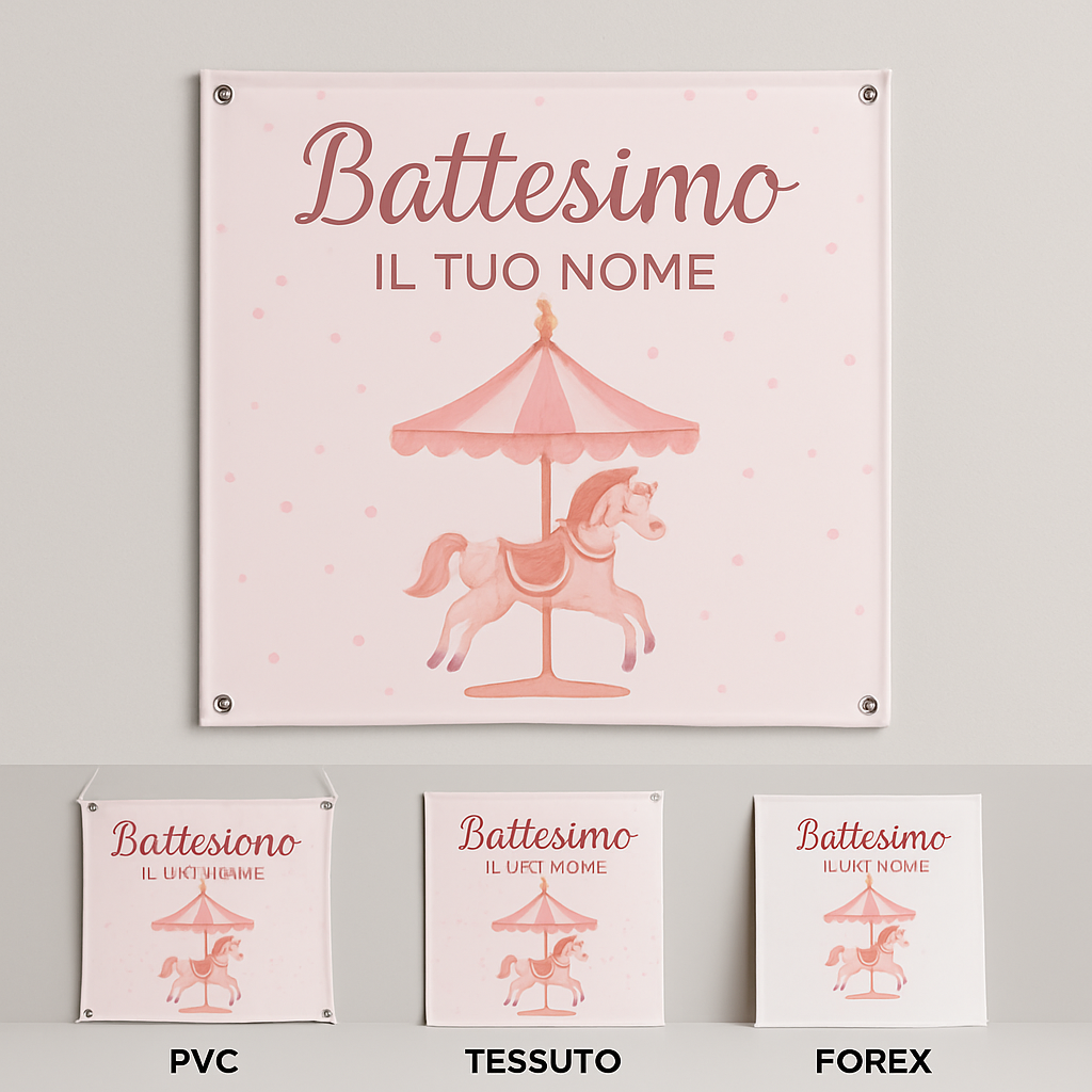 BANNER STRISCIONE BATTESIMO - Carosello Rosa - CON IL TUO NOME bimbo - 03 materiali