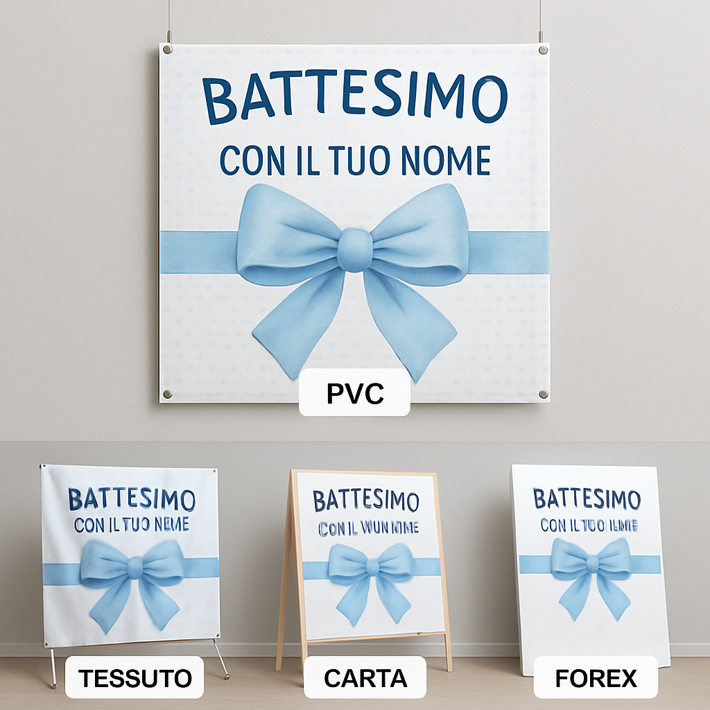 BANNER STRISCIONE BATTESIMO - Fiocco Azzurro - CON IL TUO NOME bimbo - 03 materiali