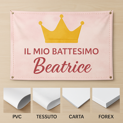 GLOBAL STRISCIONE FONDALE BATTESIMO - Battesimo Corona Principessa - STRISCIONE PERSONALIZZATO IN CARTA O IN BANNER PVC ANCHE DA ESTERNO GARANZIA 5 ANNI - 03 materiali