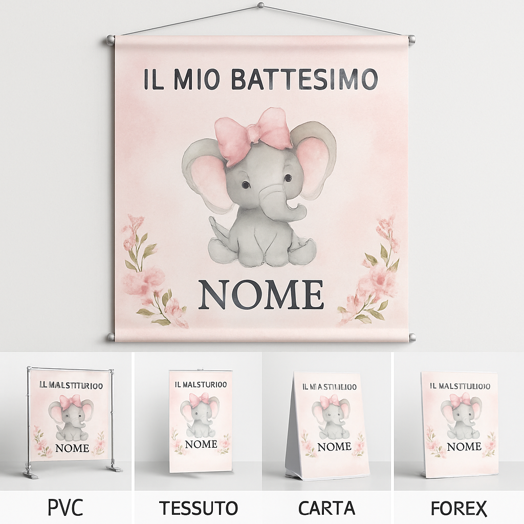 BANNER STRISCIONE BATTESIMO - Elefantina con fiocco - CON IL TUO NOME bimbo - 03 materiali